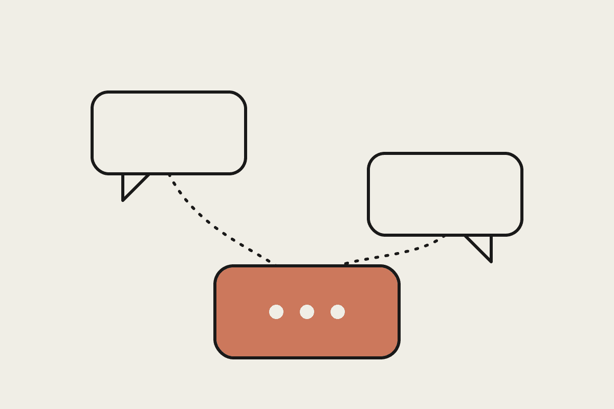 Two chat bubbles linked into a terracotta bubble, showing Claude connecting context across a channel