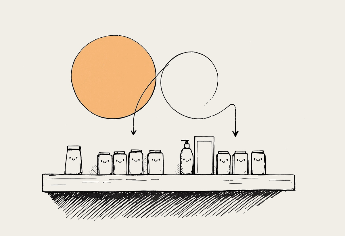 Hand-drawn illustration of two AI models routing work to retail product listings