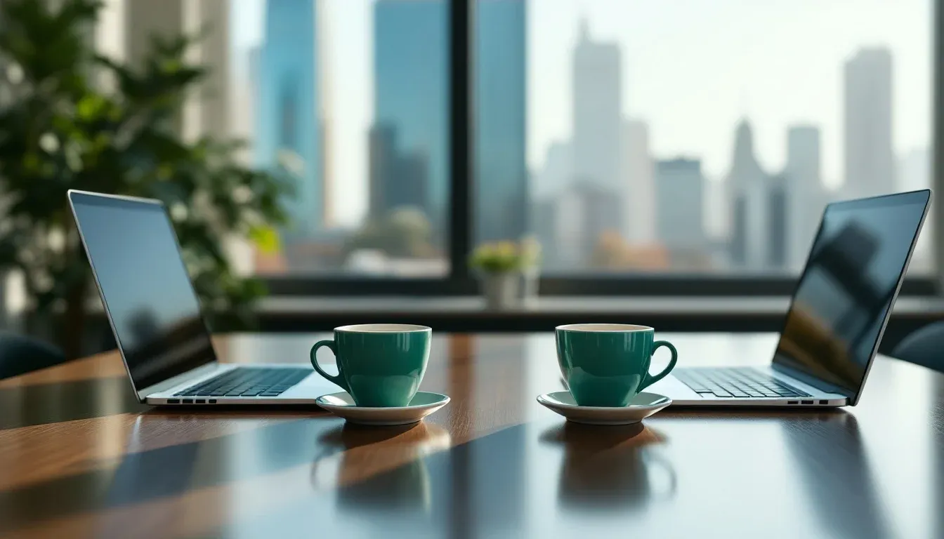 Two laptops facing each other across a meeting table in a bright Australian office, suggesting a comparison between two options