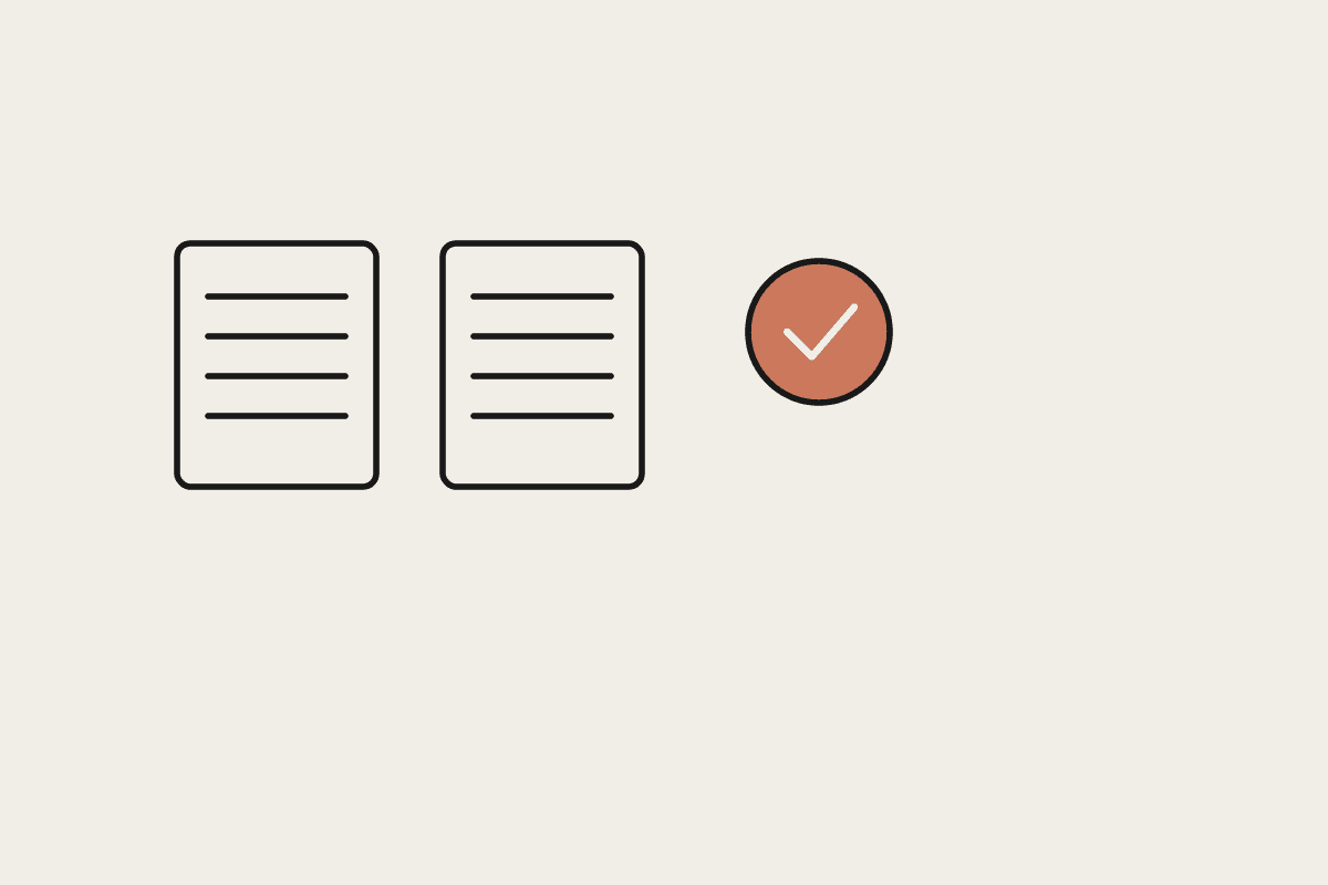 Two documents beside a terracotta approval checkmark, representing purchase order and invoice matching