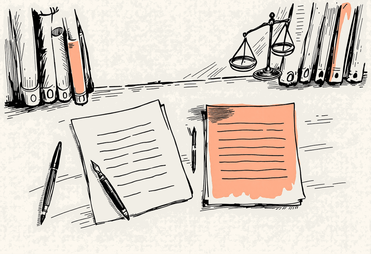 Hand-drawn illustration of two documents with a fountain pen and balance scales