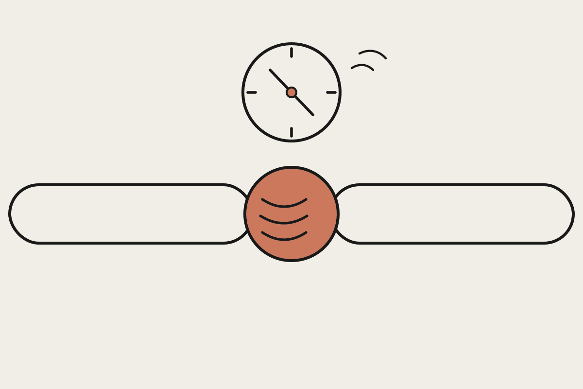 Two ink-outline arms reaching from opposite sides to join hands in the centre, marked with a terracotta fill, beneath a simple line-drawn clock showing time saved