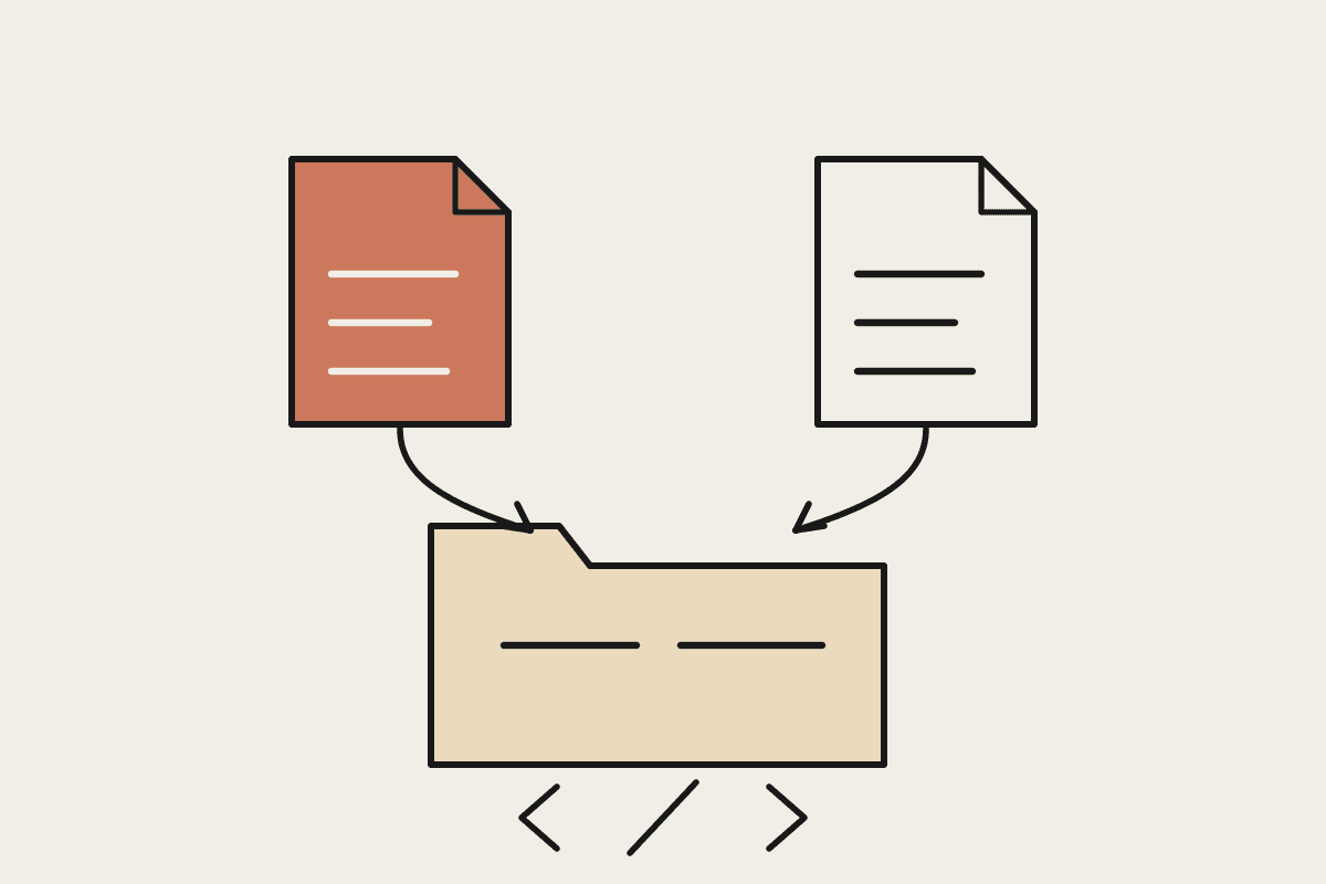Two instruction files feeding into a single project folder, one filled terracotta