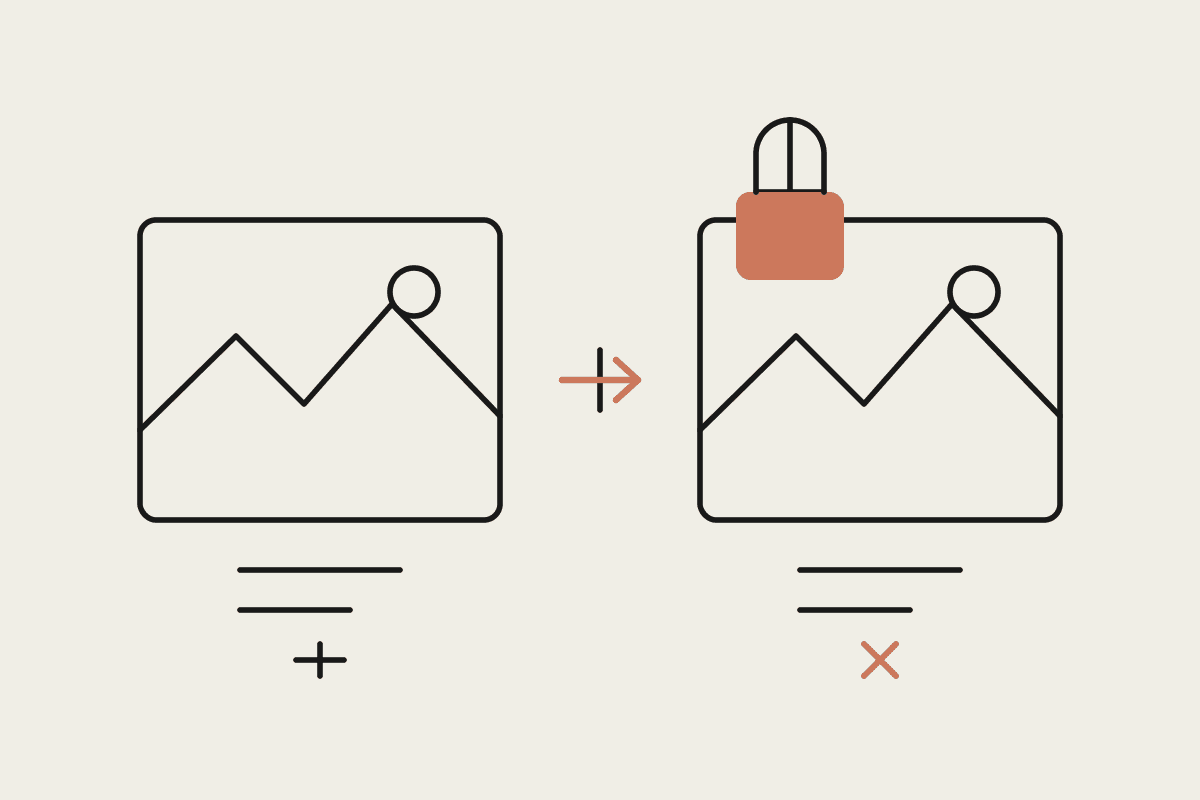 Two line-drawn image frames, the first open and available, the second closed with a terracotta padlock