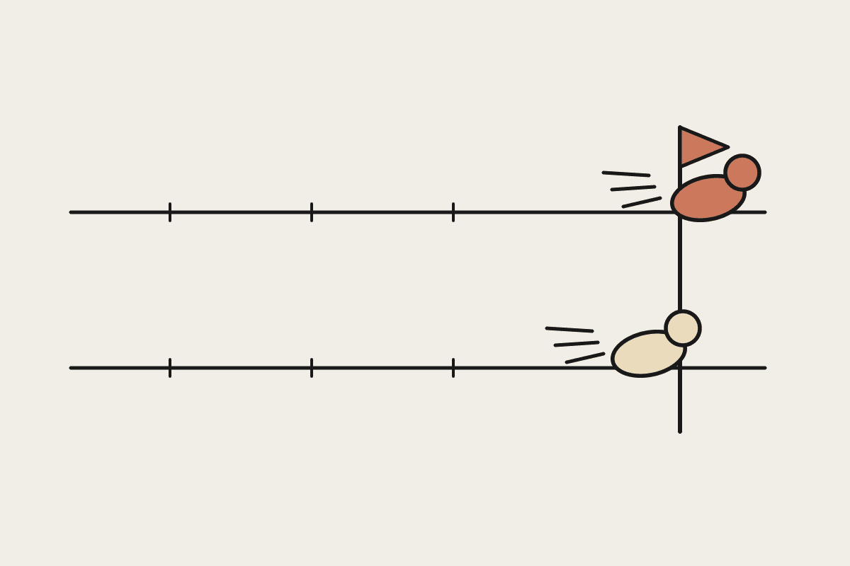 Two naive-style runners on a track, one in terracotta just breasting a finish-line ribbon slightly ahead of the other, illustrating a closing benchmark gap