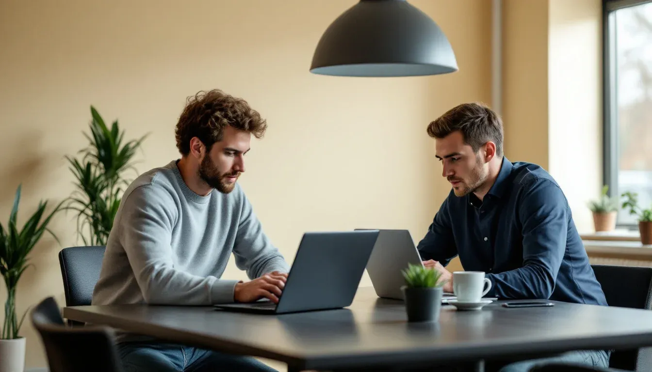 Two colleagues comparing information on laptop screens