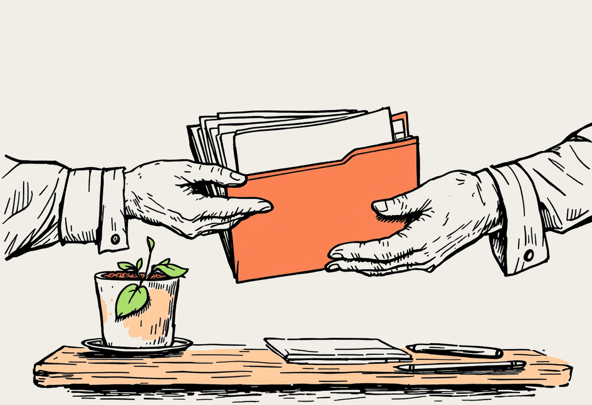 Hand-drawn cream illustration of hands sharing documents beside a small plant