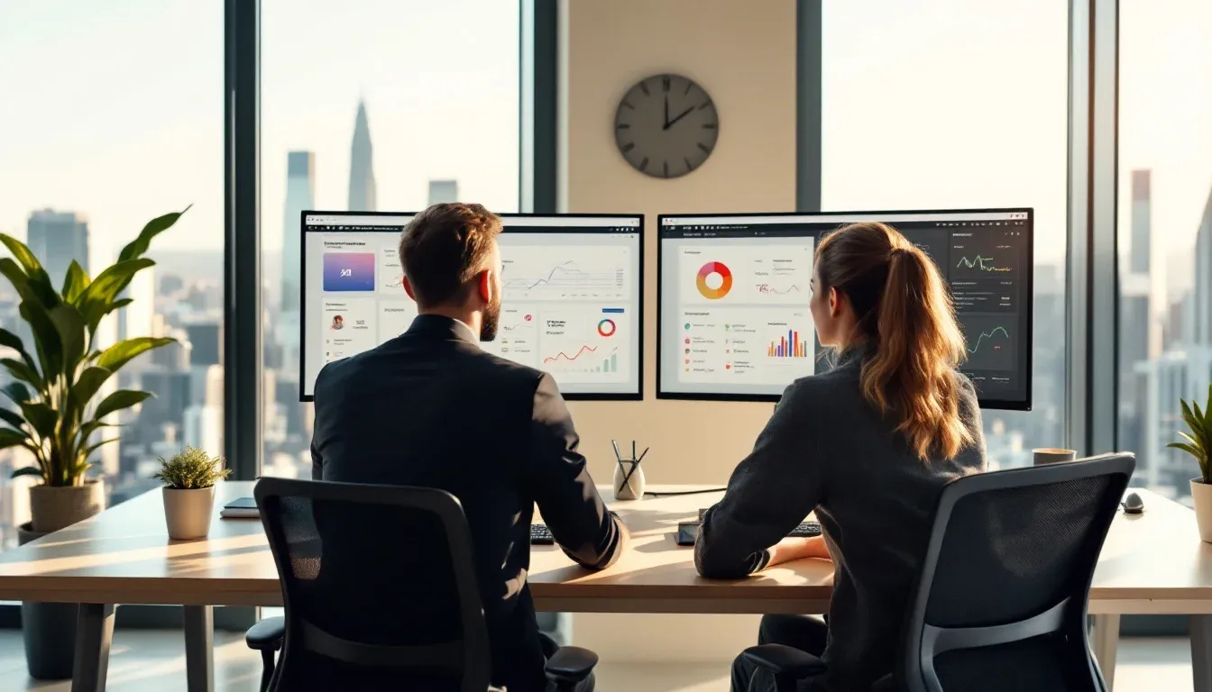 Two professionals comparing AI platform dashboards in a Sydney office high-rise