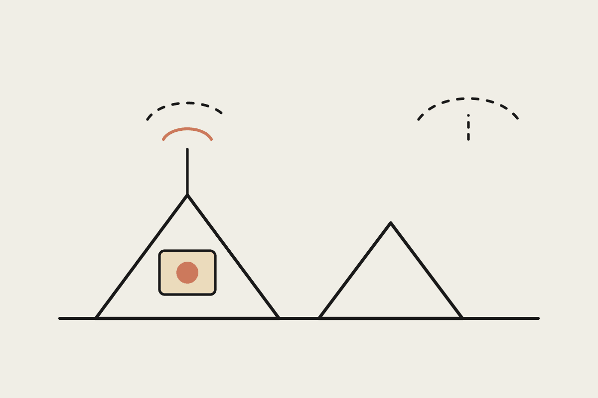 Two remote site headframes, one with a local device glowing terracotta and a broken signal arc overhead