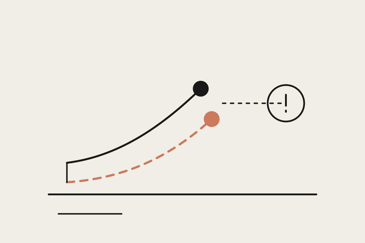 Two rising curves converging, the terracotta one closing the gap on the ink one