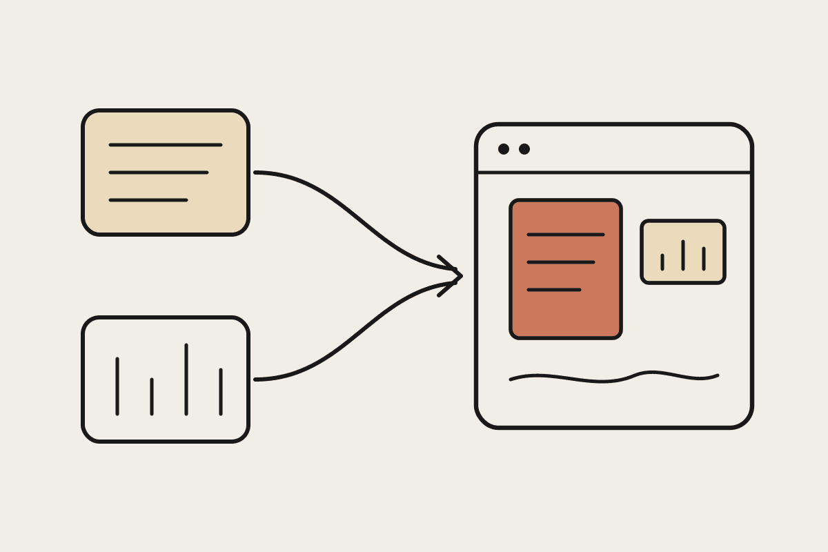 Two separate Claude workspaces, a text panel and a chart panel, flowing into one Claude window holding a document and a slide