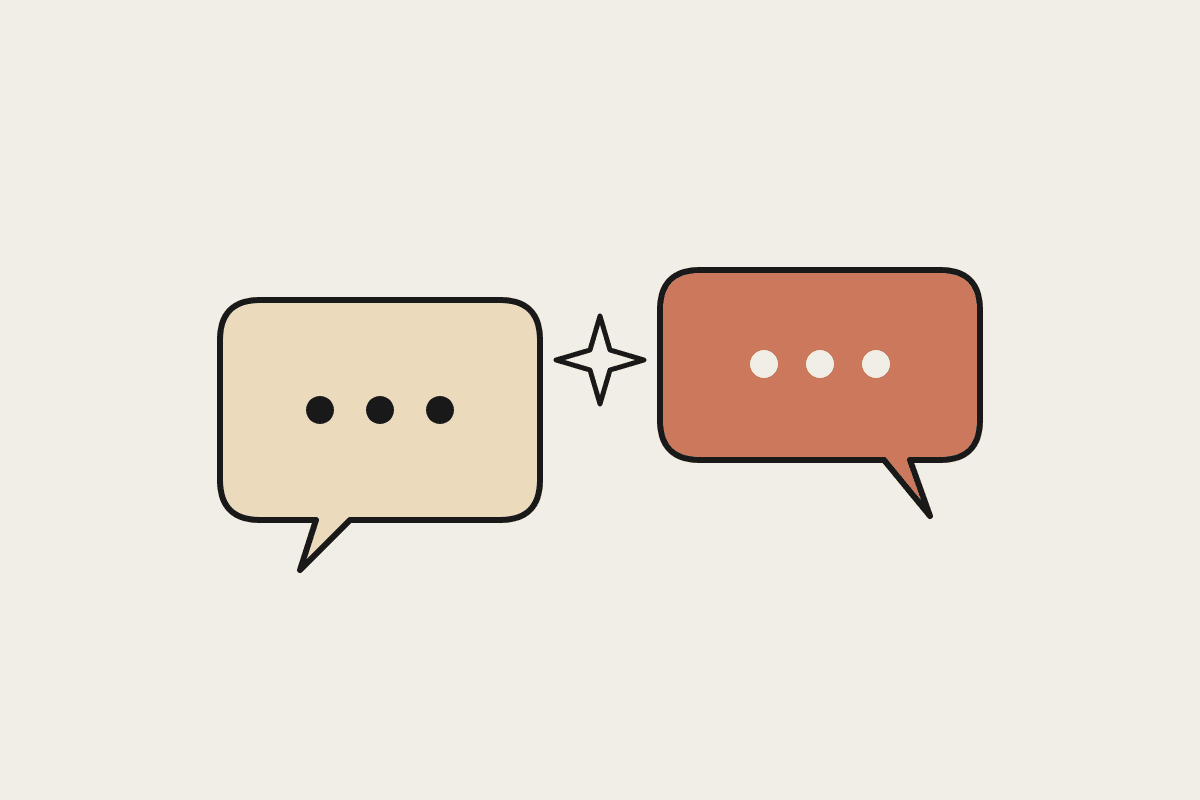 Two speech bubbles side by side with a small spark between them, representing a comparison of two AI assistants.