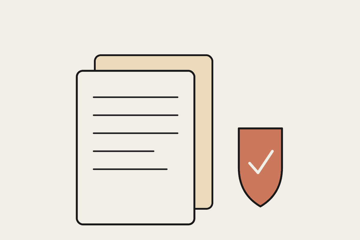 Two stacked pages of handwritten progress notes beside a terracotta shield with a tick, showing audit-ready NDIS records.