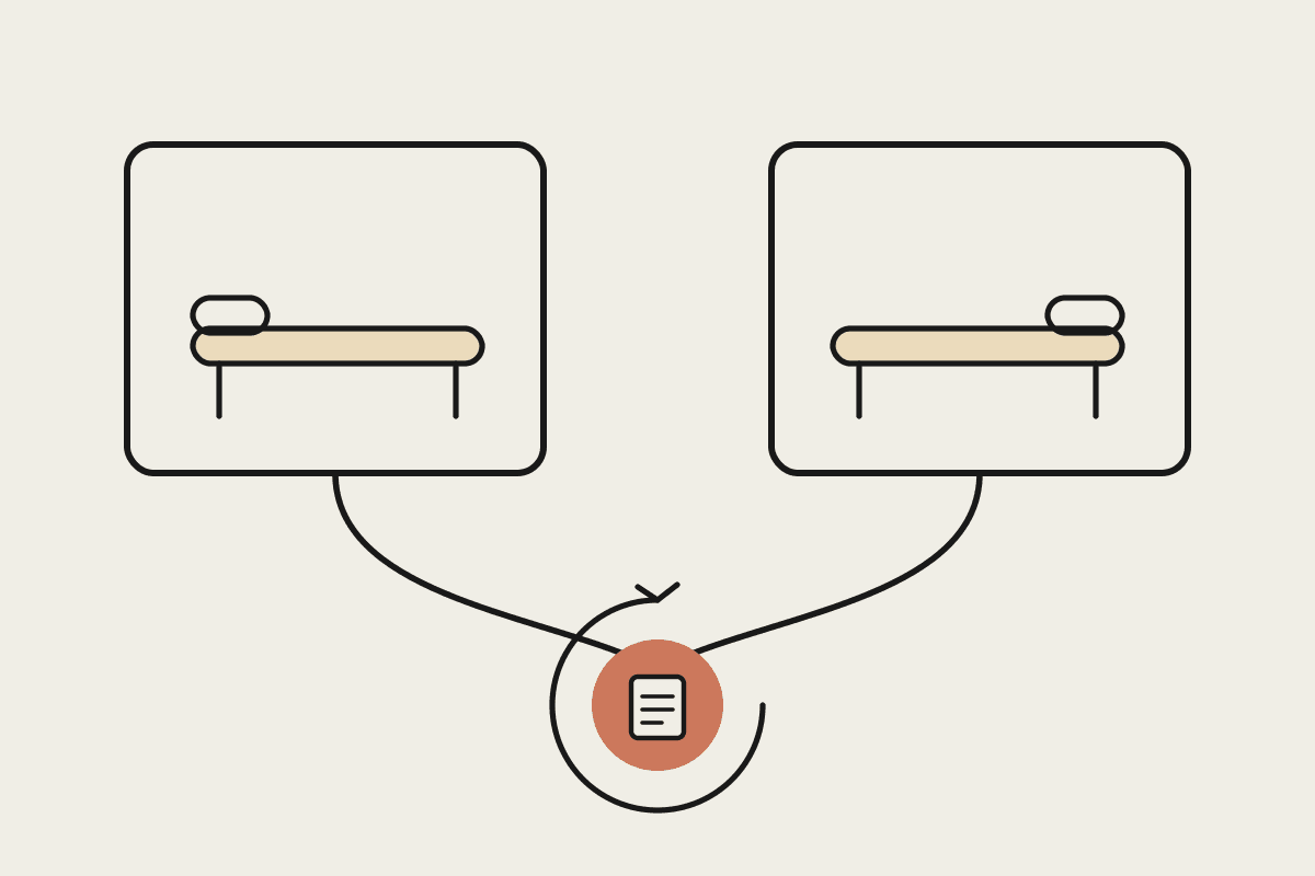 Two treatment rooms sharing a single automated admin hub, drawn in the Automata notebook style