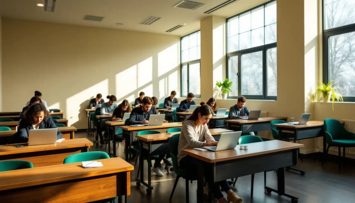 Students working on laptops in a university lecture hall