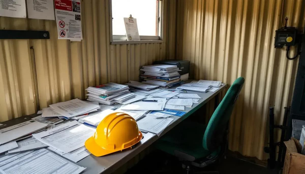 A desk in a Pilbara FIFO camp office covered in printed maintenance work orders, with a yellow hard hat resting to the side