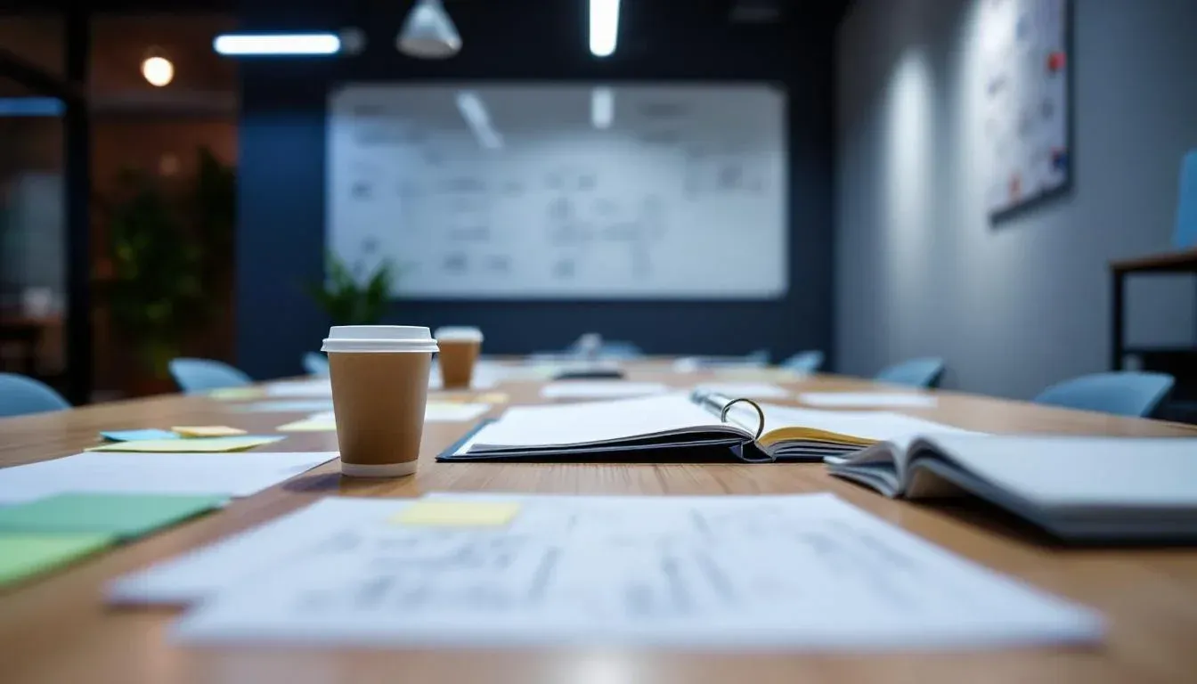 Long shared table at a Sydney co-working space with printed sticky notes, spec sheets, coffee cups and a whiteboard system diagram in the background