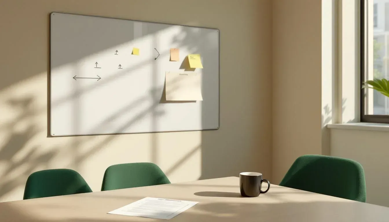 A Melbourne product team meeting room with a whiteboard covered in workflow diagrams, sticky notes, and a printed sprint backlog on the table