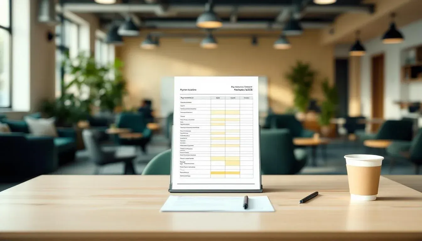 A printed payment reconciliation report with highlighted duplicate entries on a standing desk in an empty Melbourne startup office early in the morning