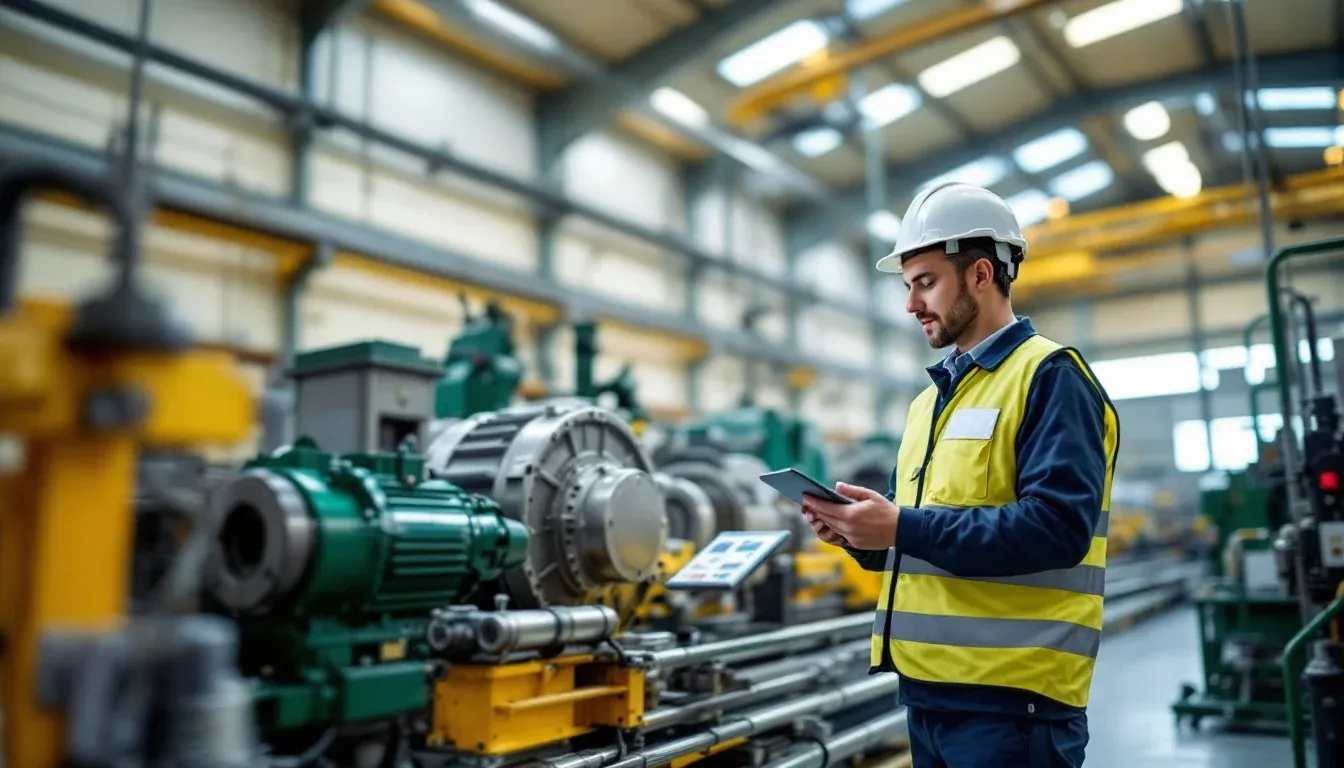 Maintenance technician reviewing anomaly data on a tablet beside a sensor-equipped conveyor motor inside a Melbourne manufacturing plant